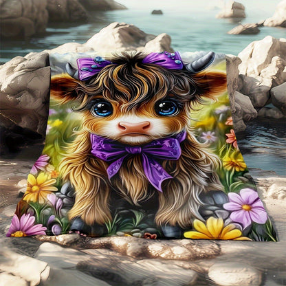 🐂【Highland Cow Series】Cute Bowknot Highland Cow Print Flannel Blanket Soft Warm Multi-purpose Gift Blanket For All Seasons