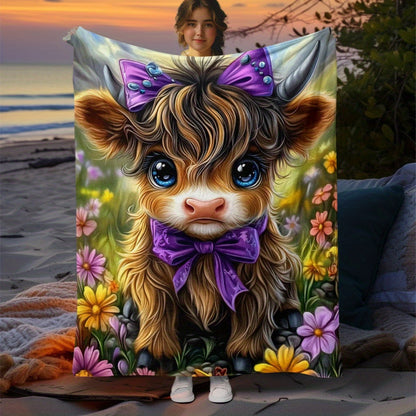 🐂【Highland Cow Series】Cute Bowknot Highland Cow Print Flannel Blanket Soft Warm Multi-purpose Gift Blanket For All Seasons