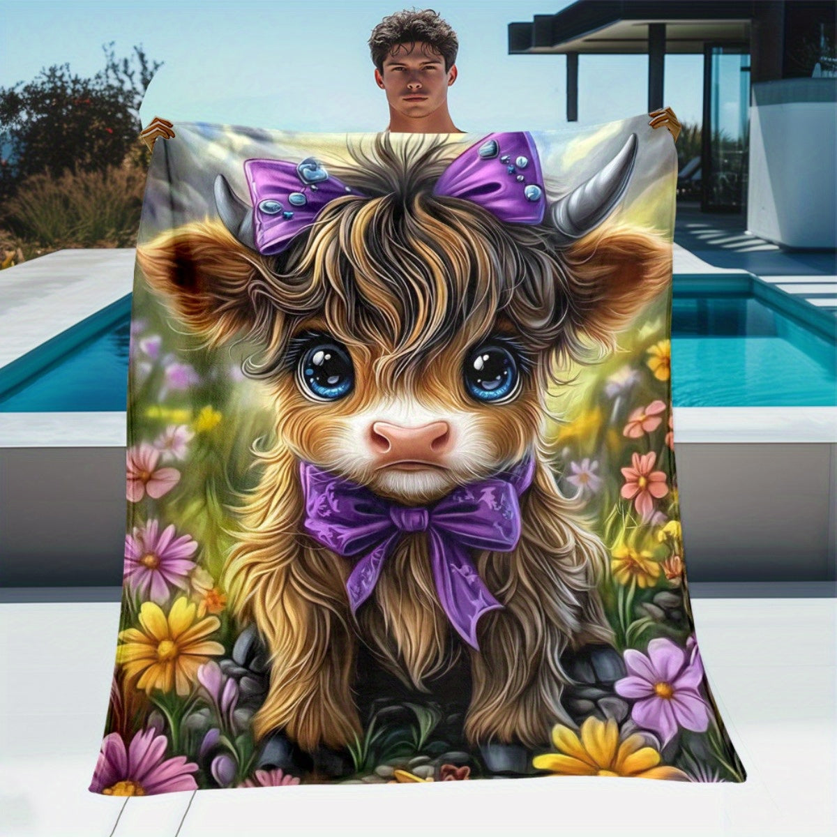 🐂【Highland Cow Series】Cute Bowknot Highland Cow Print Flannel Blanket Soft Warm Multi-purpose Gift Blanket For All Seasons