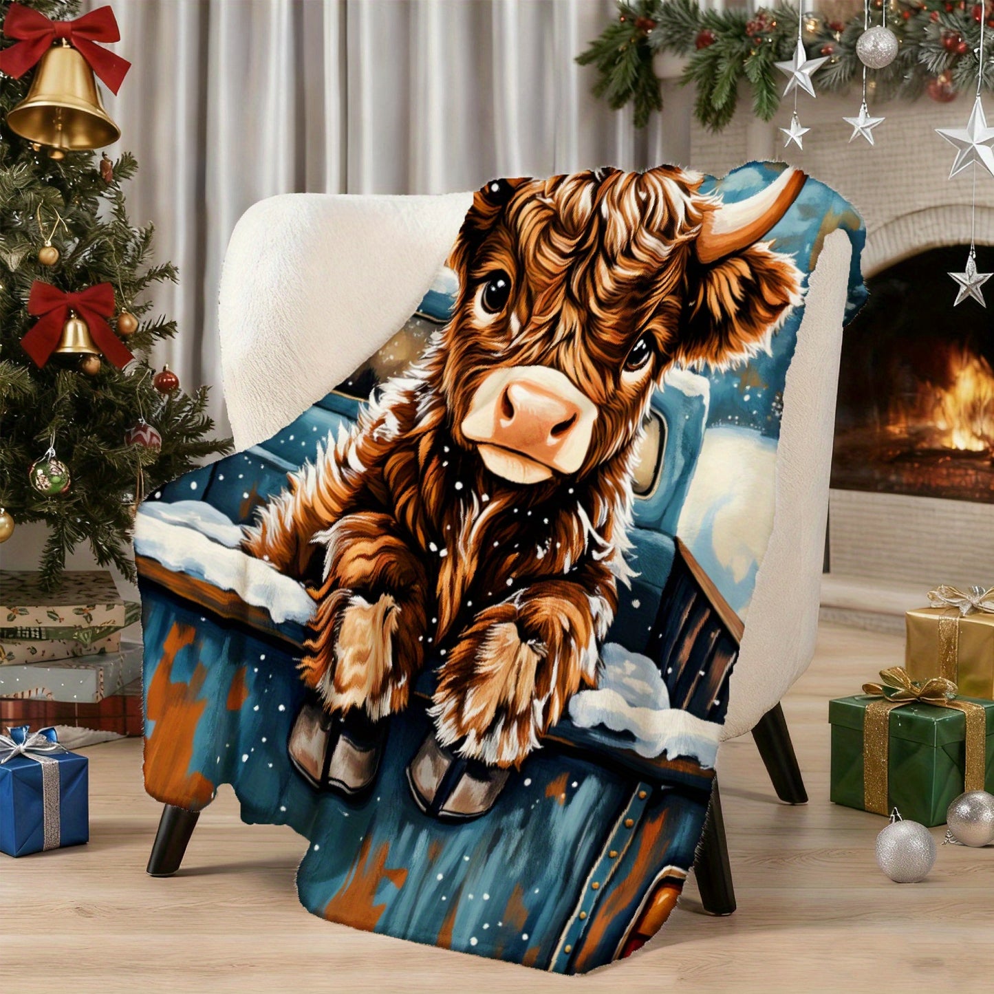 🐂【Highland Cow Series】Cute Bowknot Highland Cow Print Flannel Blanket Soft Warm Multi-purpose Gift Blanket For All Seasons