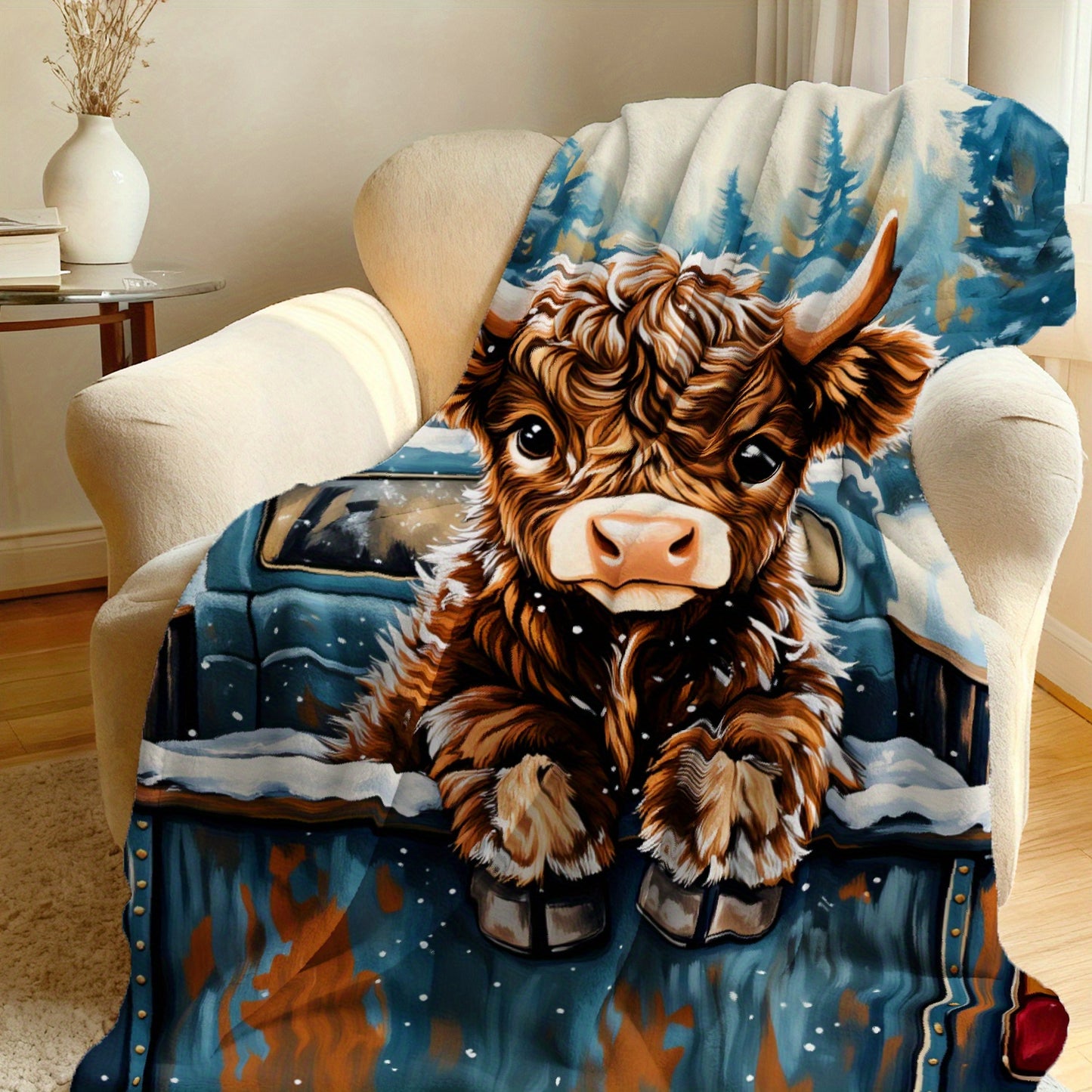 🐂【Highland Cow Series】Cute Bowknot Highland Cow Print Flannel Blanket Soft Warm Multi-purpose Gift Blanket For All Seasons