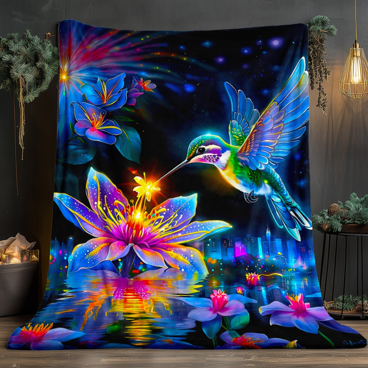 Aonana Hummingbird with Neon Flowers Flannel Throw Blanket