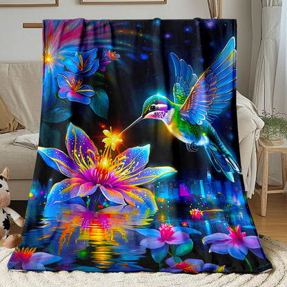 Aonana Hummingbird with Neon Flowers Flannel Throw Blanket