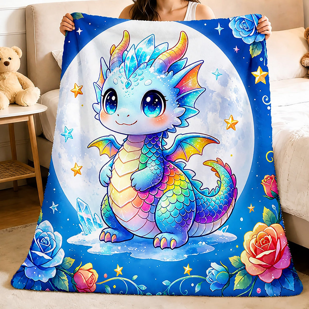 Aonana Rainbow Crystal Dragon Flannel Throw Blanket
