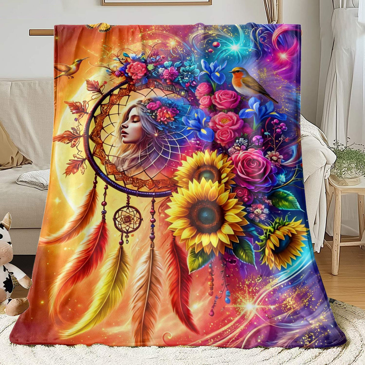 Aonana Dreamcatcher Floral Nebula Cozy Flannel Throw Blanket