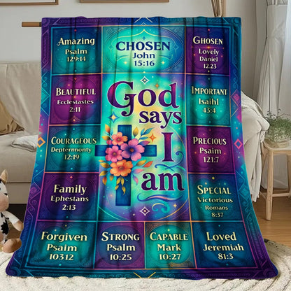 Aonana Christian “God Says I Am” Printed Flannel Blanket