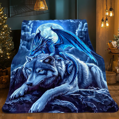 Aonana Dragon And Wolf Fantasy Flannel Throw Blanket