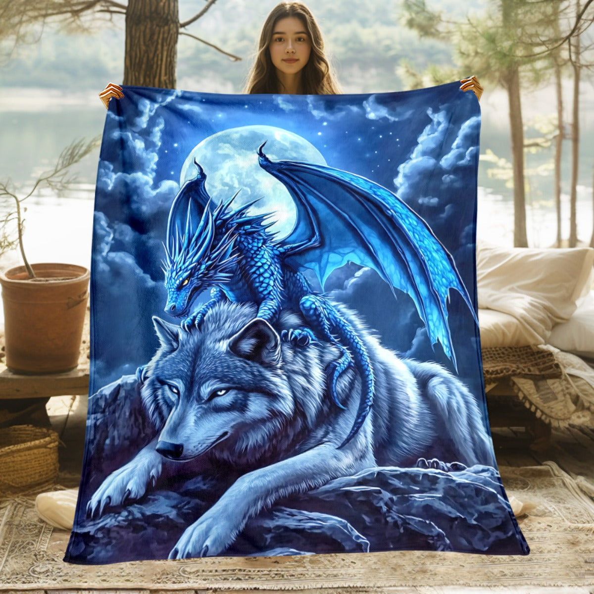 Aonana Dragon And Wolf Fantasy Flannel Throw Blanket