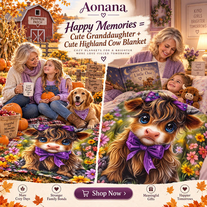Aonana Cute Highland Cow with Purple Bow Flannel Blanket