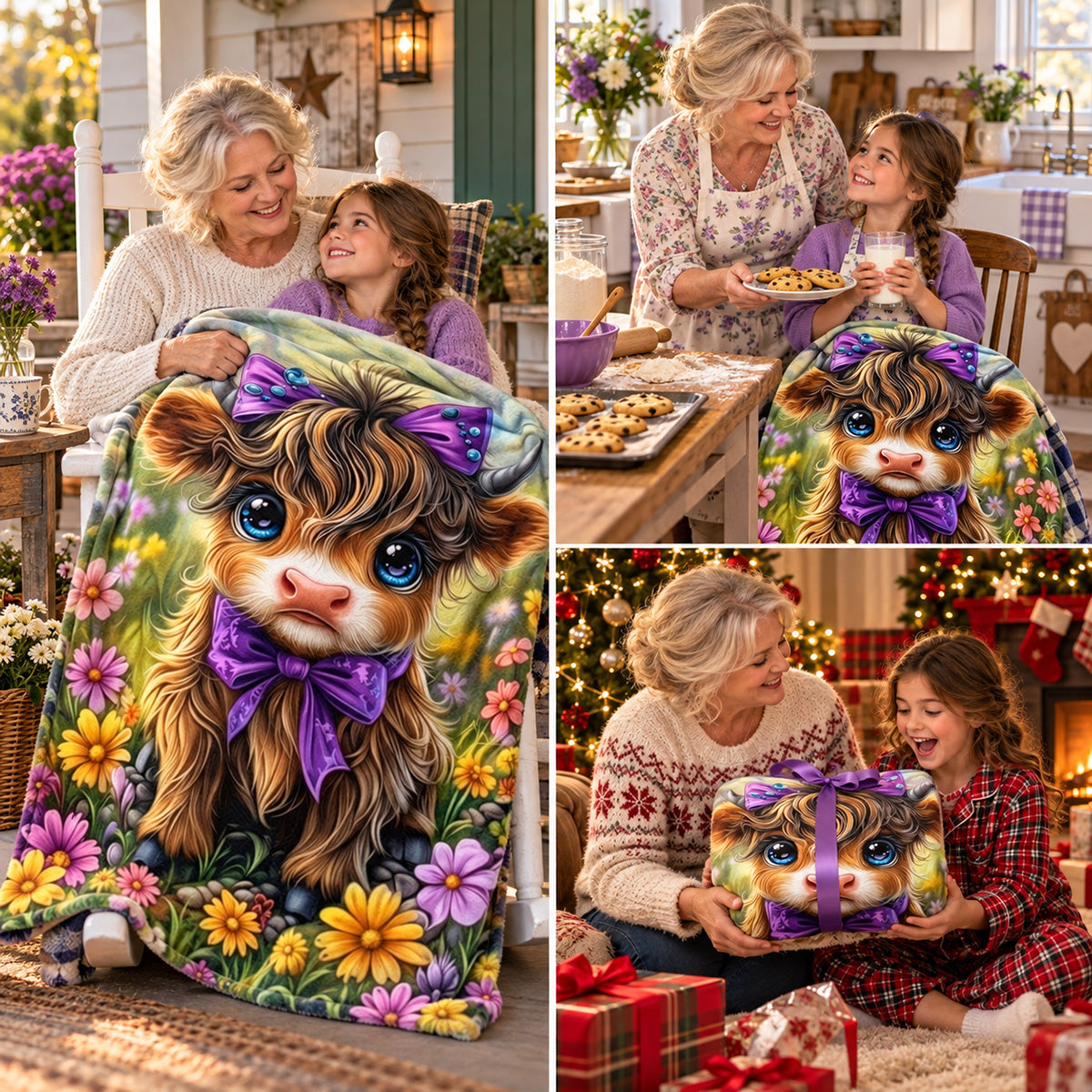 Aonana Cute Highland Cow with Purple Bow Flannel Blanket
