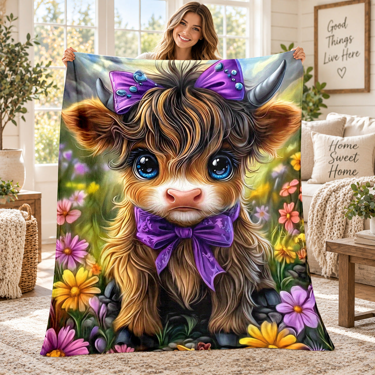 Aonana Cute Highland Cow with Purple Bow Flannel Blanket