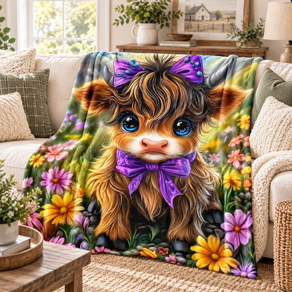 Aonana Cute Highland Cow with Purple Bow Flannel Blanket