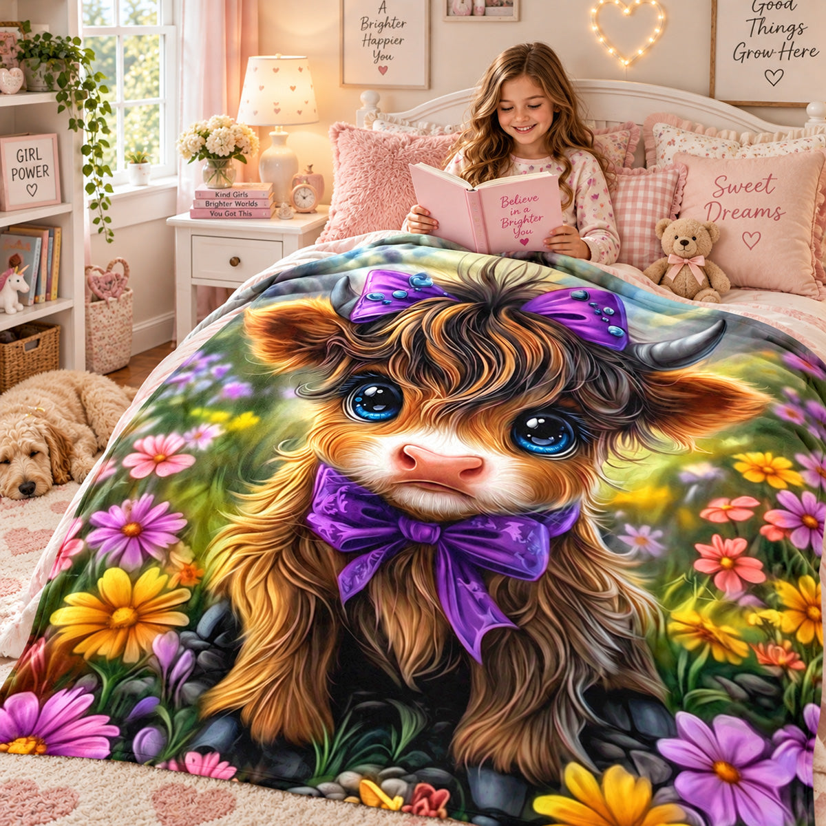Aonana Cute Highland Cow with Purple Bow Flannel Blanket