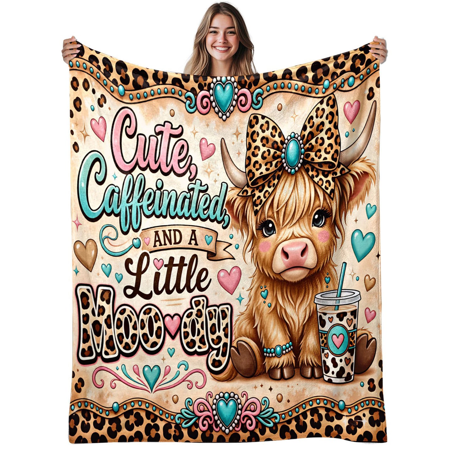 🐂【Highland Cow Series】Cute Bowknot Highland Cow Print Flannel Blanket Soft Warm Multi-purpose Gift Blanket For All Seasons