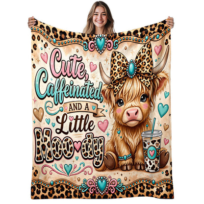 🐂【Highland Cow Series】Cute Bowknot Highland Cow Print Flannel Blanket Soft Warm Multi-purpose Gift Blanket For All Seasons