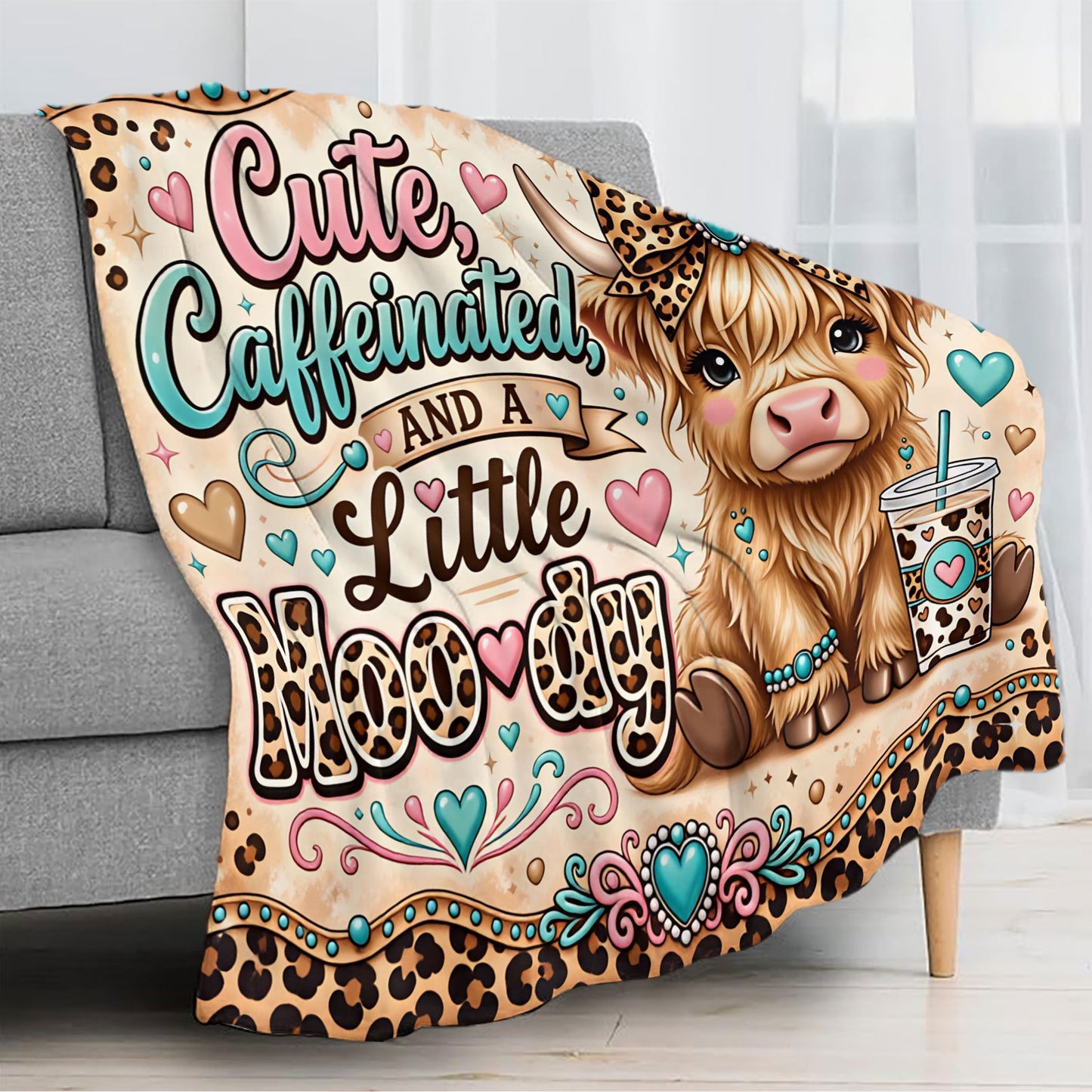 🐂【Highland Cow Series】Cute Bowknot Highland Cow Print Flannel Blanket Soft Warm Multi-purpose Gift Blanket For All Seasons