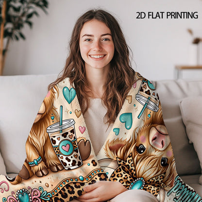 🐂【Highland Cow Series】Cute Bowknot Highland Cow Print Flannel Blanket Soft Warm Multi-purpose Gift Blanket For All Seasons