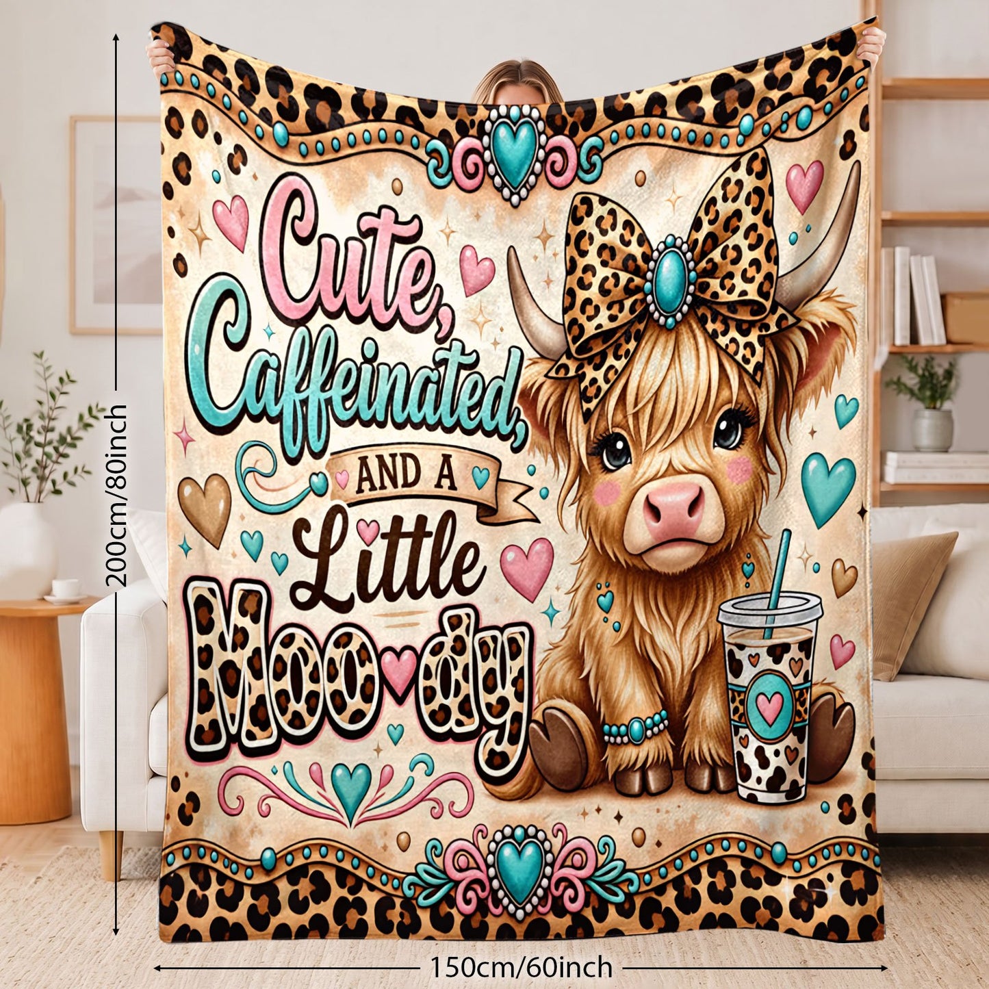 🐂【Highland Cow Series】Cute Bowknot Highland Cow Print Flannel Blanket Soft Warm Multi-purpose Gift Blanket For All Seasons