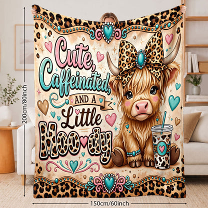 🐂【Highland Cow Series】Cute Bowknot Highland Cow Print Flannel Blanket Soft Warm Multi-purpose Gift Blanket For All Seasons