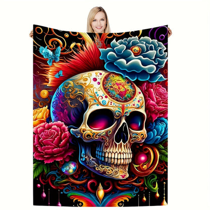 Aonana Halloween Skull Floral Flannel Blanket