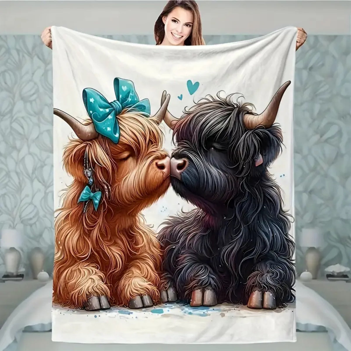 🐂【Highland Cow Series】Cute Bowknot Highland Cow Print Flannel Blanket Soft Warm Multi-purpose Gift Blanket For All Seasons