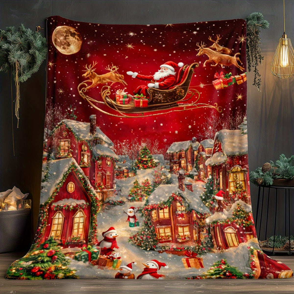 GiftoLuck Festive Santa Claus & Reindeer Christmas Flannel Throw Blanket