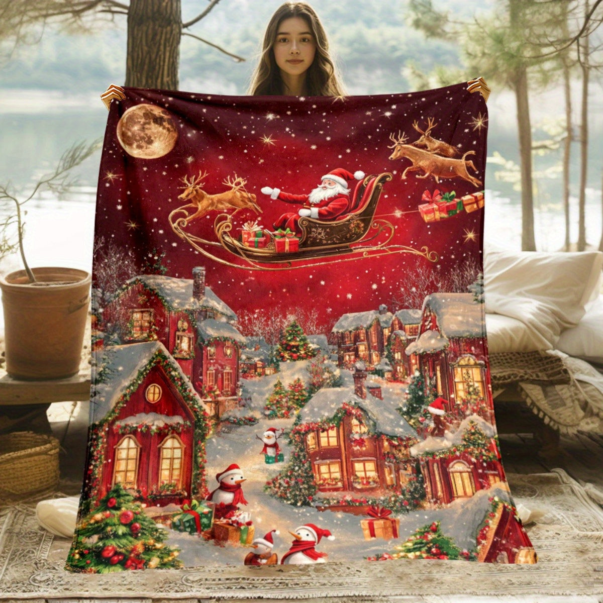 GiftoLuck Festive Santa Claus & Reindeer Christmas Flannel Throw Blanket