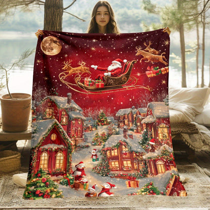 GiftoLuck Festive Santa Claus & Reindeer Christmas Flannel Throw Blanket