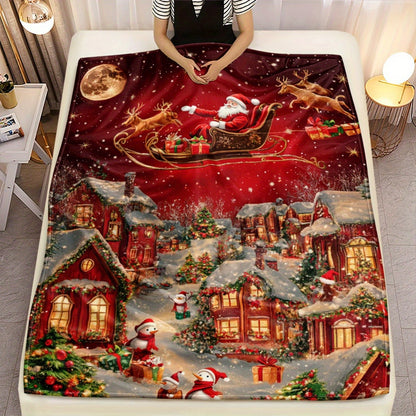 GiftoLuck Festive Santa Claus & Reindeer Christmas Flannel Throw Blanket