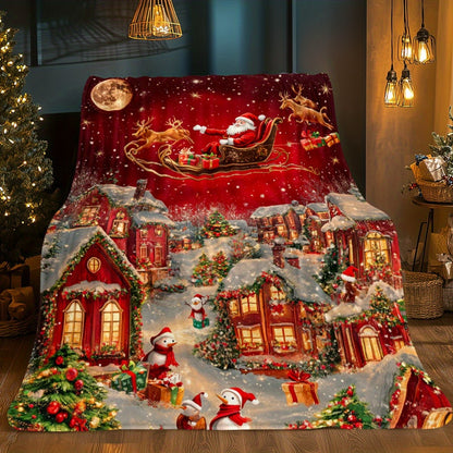 GiftoLuck Festive Santa Claus & Reindeer Christmas Flannel Throw Blanket