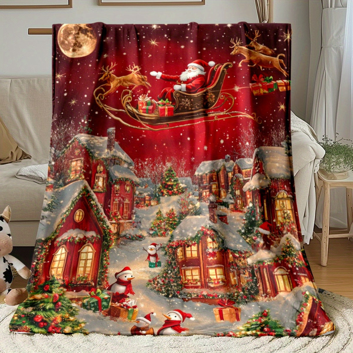 GiftoLuck Festive Santa Claus & Reindeer Christmas Flannel Throw Blanket