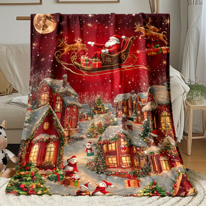 GiftoLuck Festive Santa Claus & Reindeer Christmas Flannel Throw Blanket