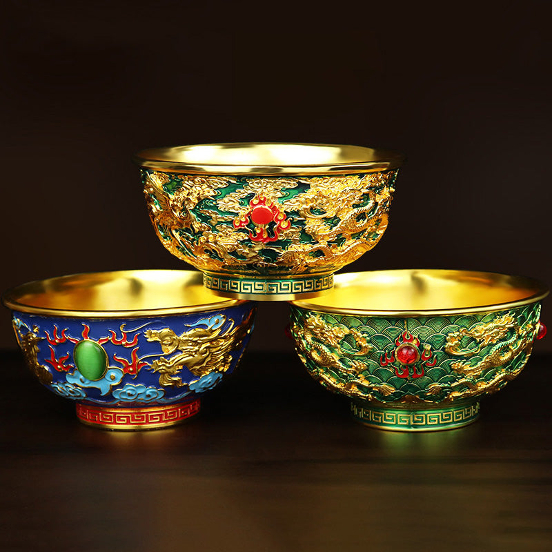 GiftoLuck 1-Piece Antique Gilded Carved Floral Enamel Alloy Fortune Bowl