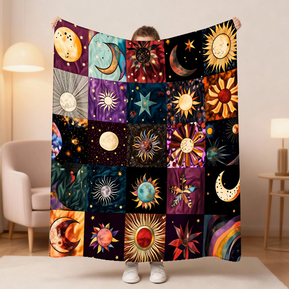 Aonana Sun, Moon & Stars Flannel Throw Blanket