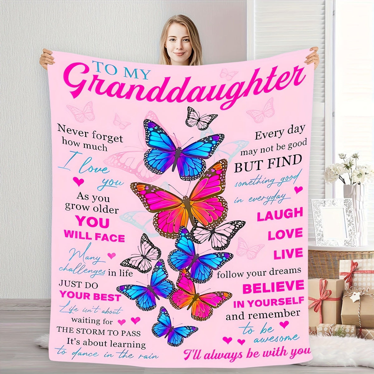 Aonana “To My Granddaughter” Warm Wishes Butterfly Flannel Blanket