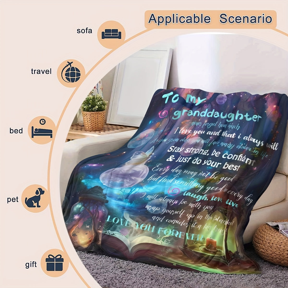 GiftoLuck “To My Granddaughter” Soft and Warm Flannel Blanket – Gift from Grandma to Granddaughter's Birthday or Graduation
