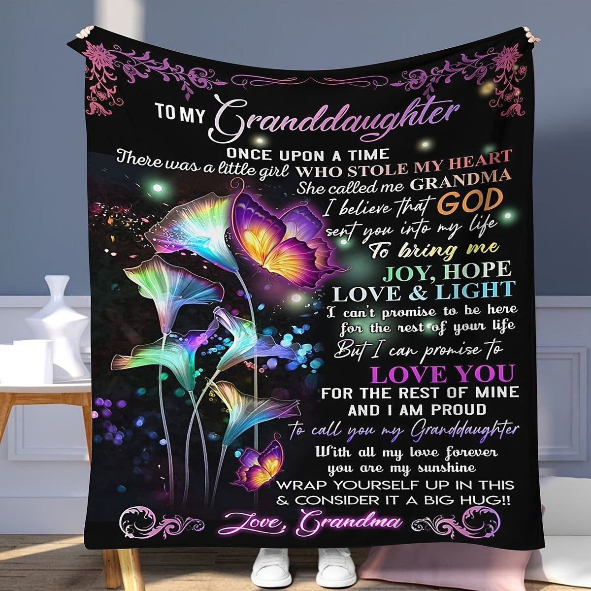 Aonana “To My Granddaughter” Flowers Butterfly Flannel Blanket