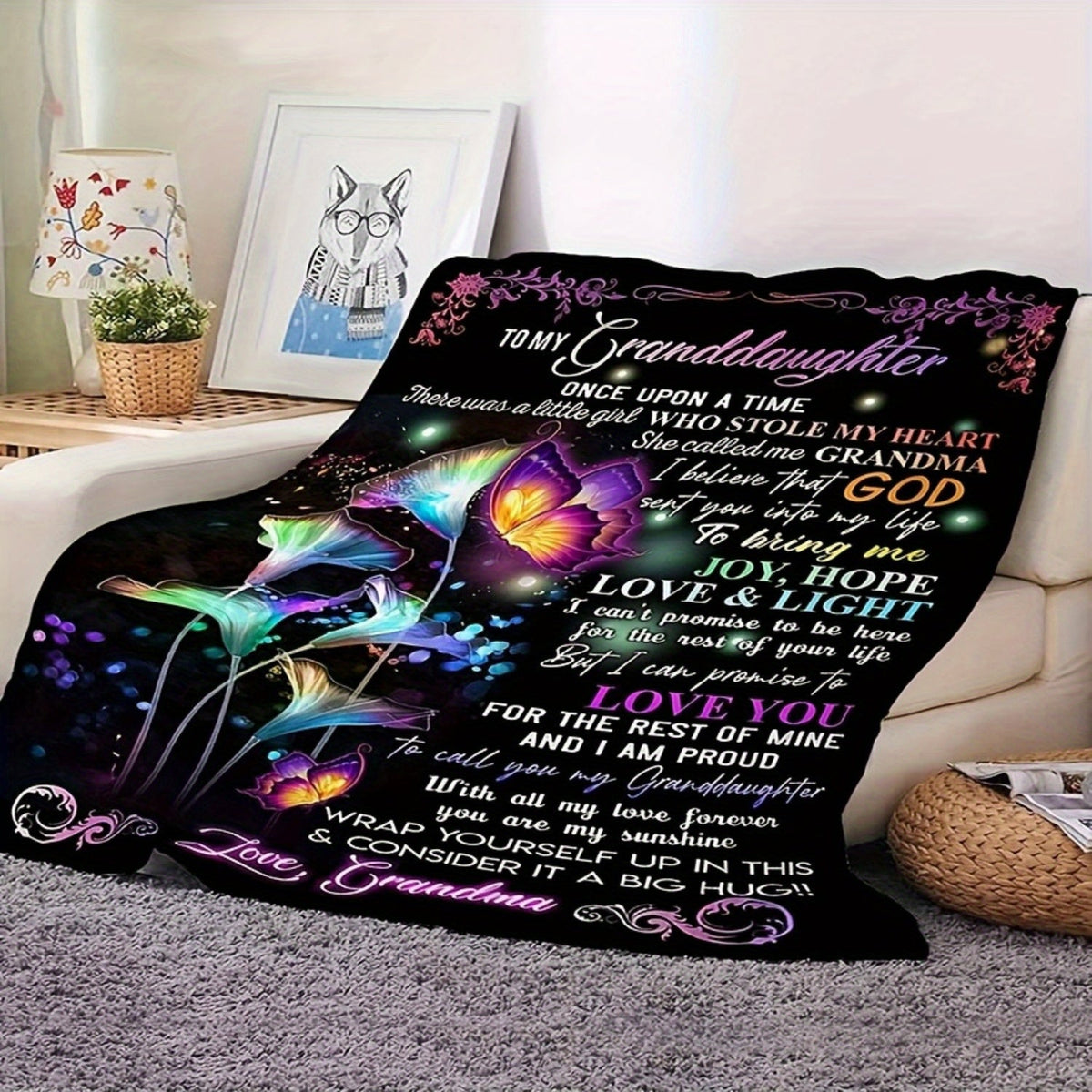 Aonana “To My Granddaughter” Flowers Butterfly Flannel Blanket
