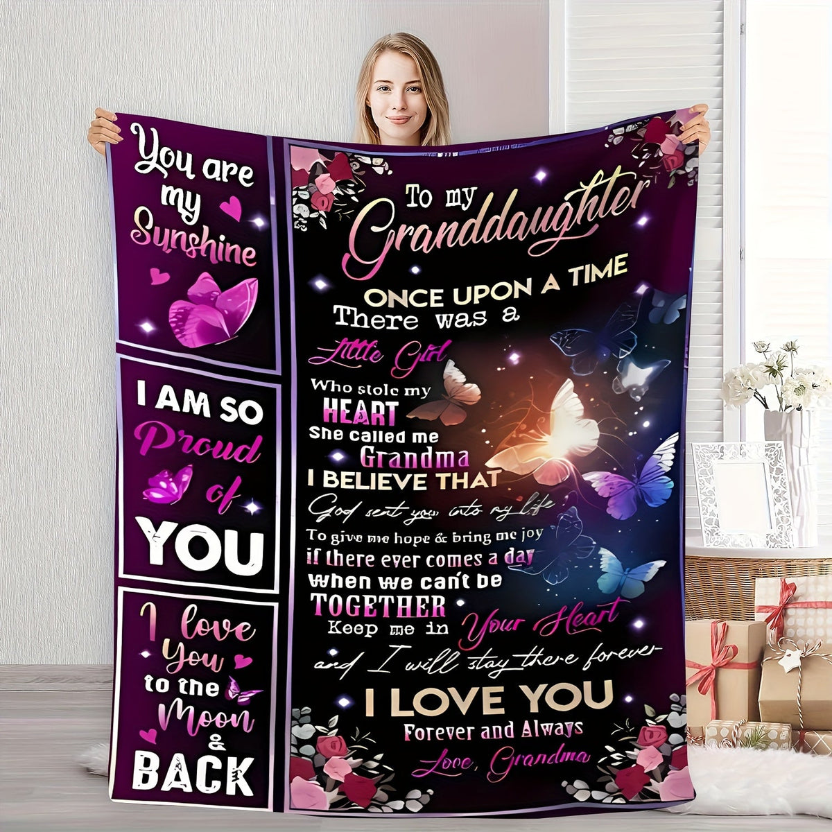 Aonana “To My Granddaughter” Butterfly Garden Flannel Blanket