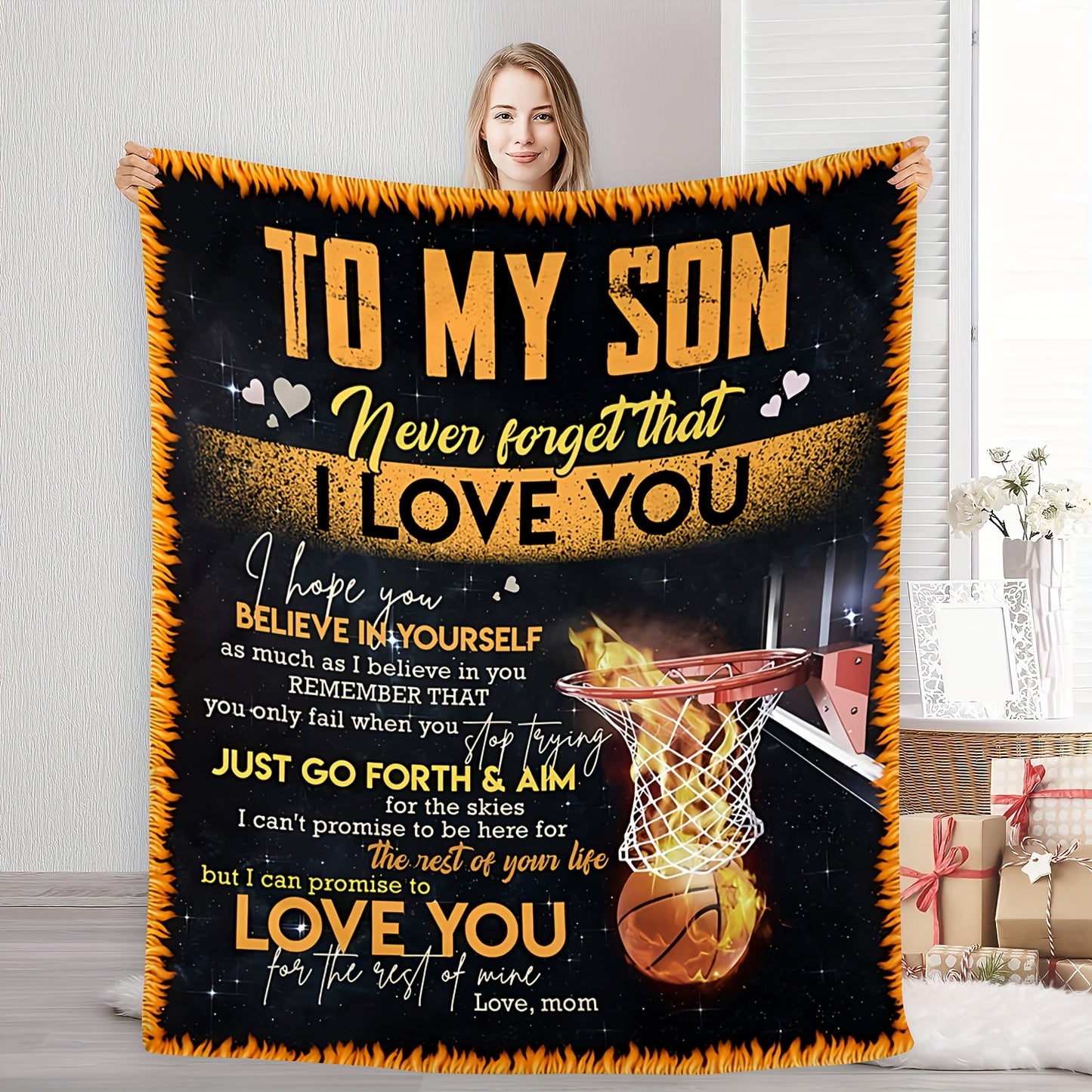 GiftoLuck “To My Son” Flannel Blanket – “Never Forget That I Love You” Inspirational Gift from Mom or Dad