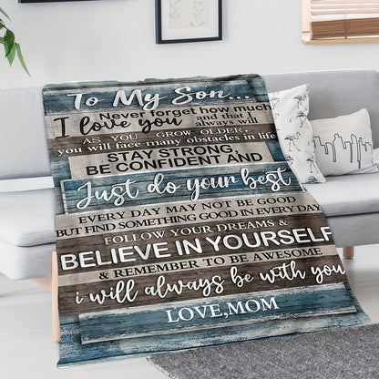 GiftoLuck “To My Son” Flannel Blanket – “Never Forget That I Love You” Inspirational Gift from Mom or Dad