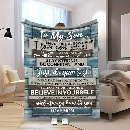 GiftoLuck “To My Son” Flannel Blanket – “Never Forget That I Love You” Inspirational Gift from Mom or Dad
