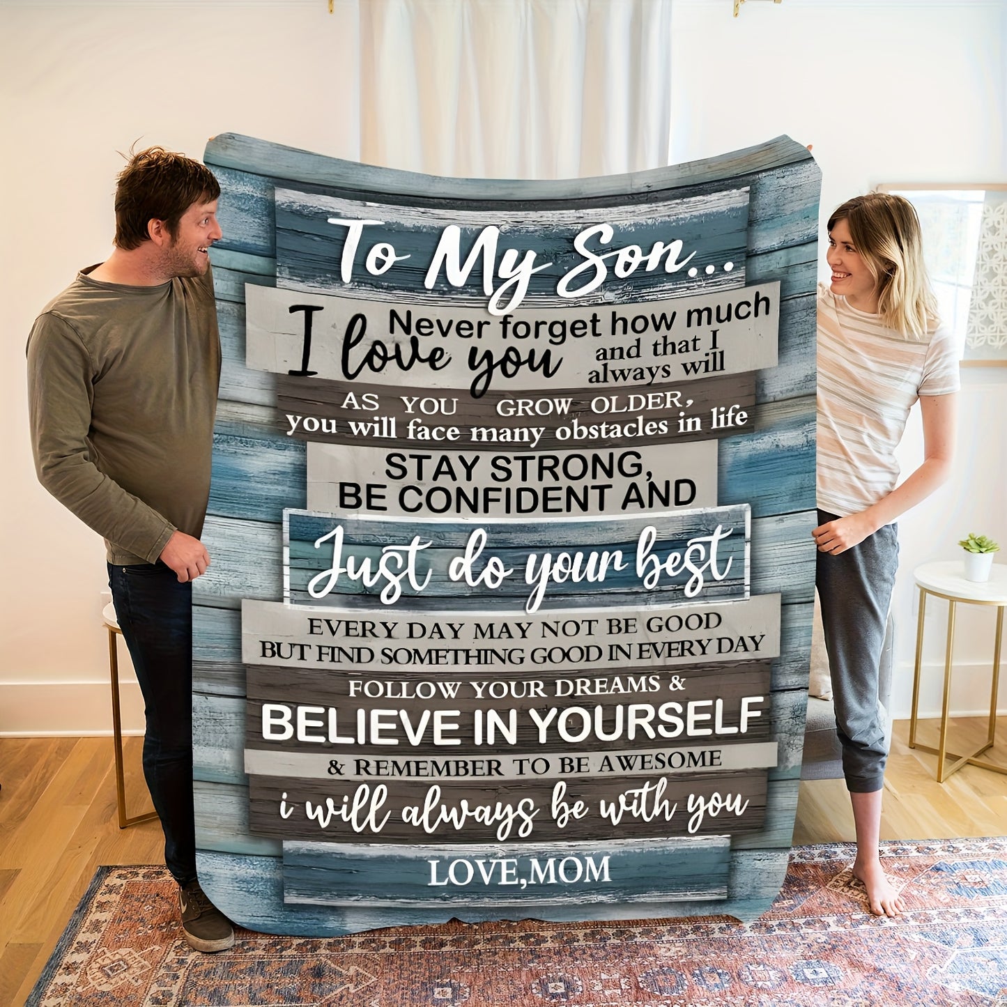 GiftoLuck “To My Son” Flannel Blanket – “Never Forget That I Love You” Inspirational Gift from Mom or Dad