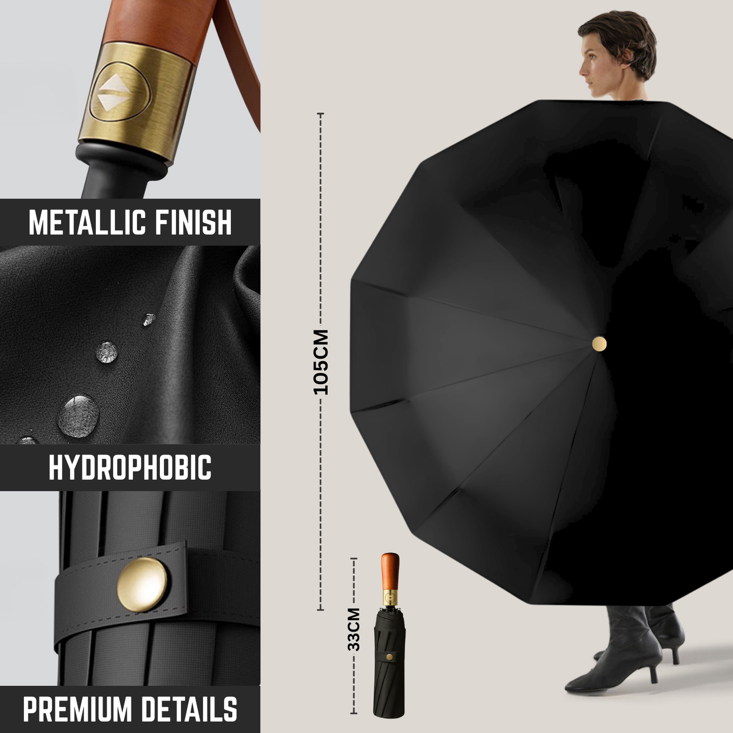 Classic Auto-Opening Umbrella 12-Rib Frame Wooden Handle