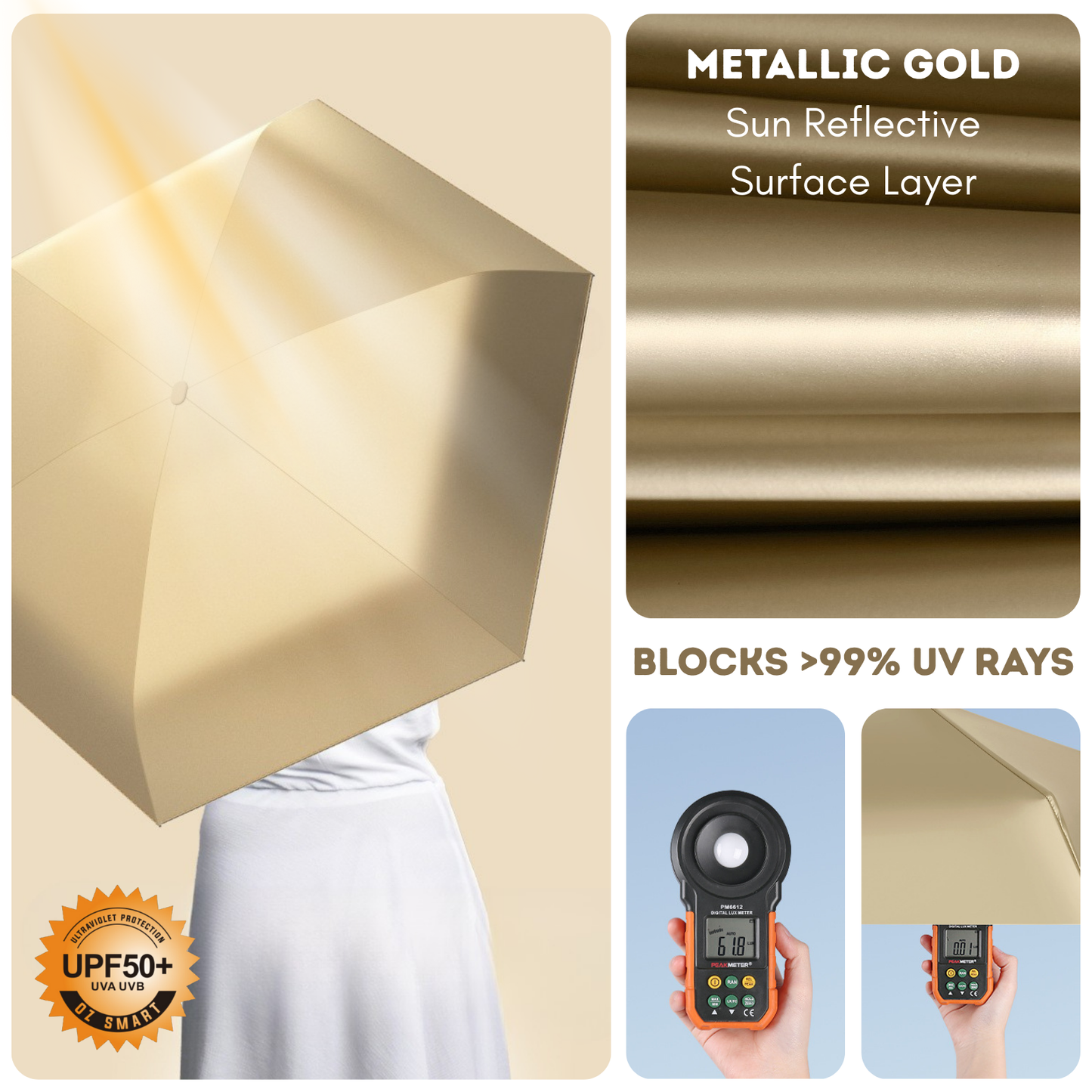 Luxe Gold Pocket Mini Umbrella 6-Rib Golden Frame UPF50+