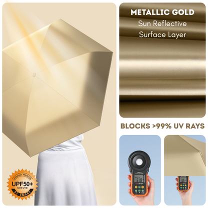 Luxe Gold Pocket Mini Umbrella 6-Rib Golden Frame UPF50+