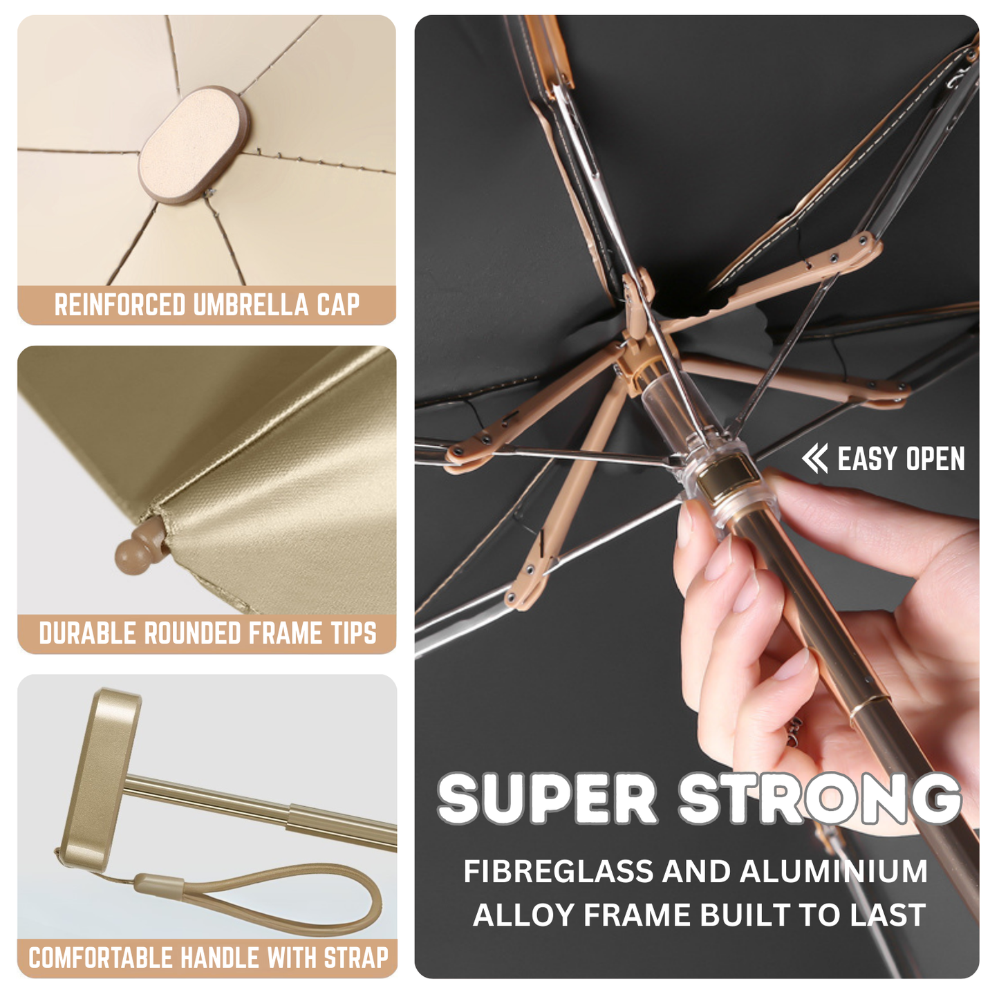 Luxe Gold Pocket Mini Umbrella 6-Rib Golden Frame UPF50+