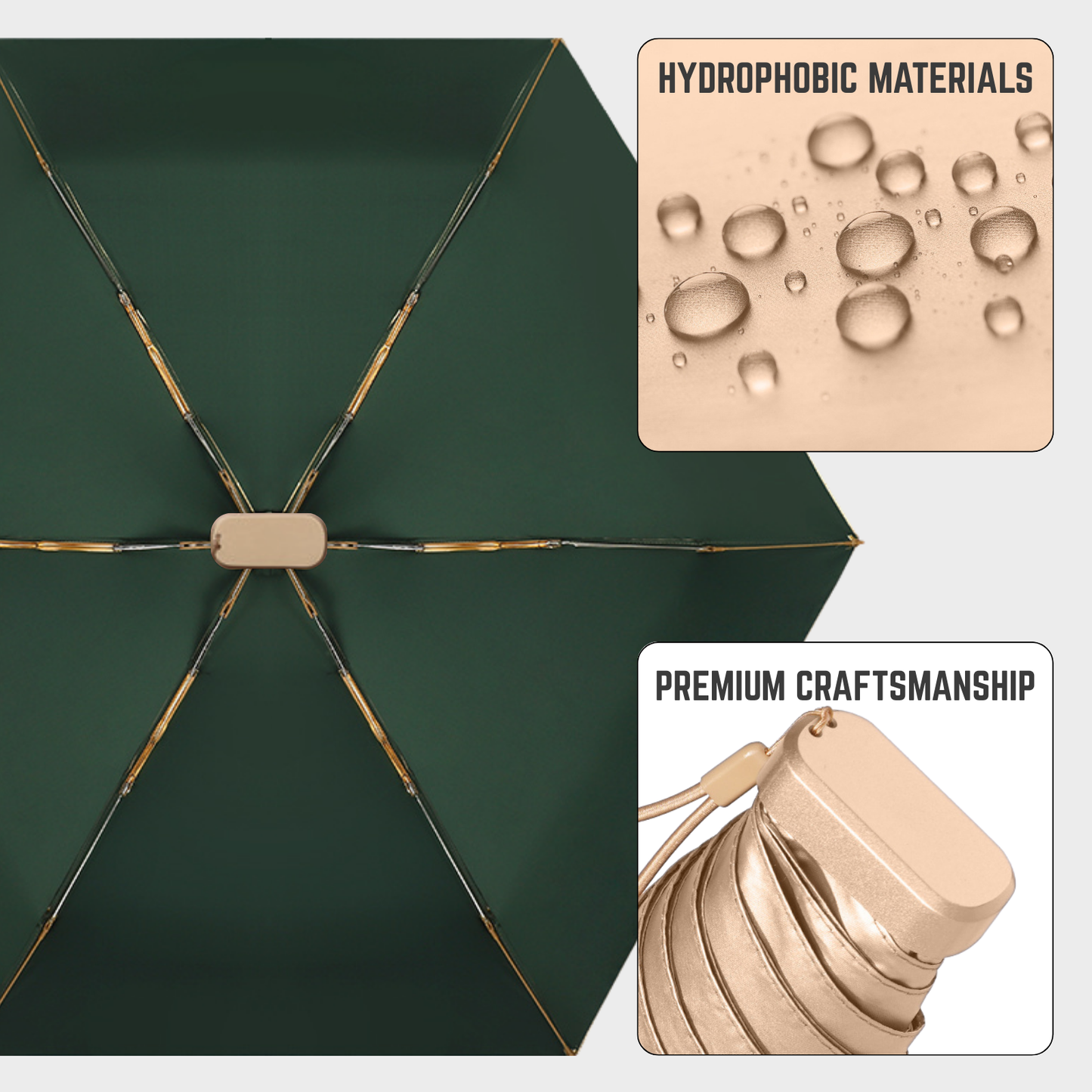 Luxe Gold Pocket Mini Umbrella 6-Rib Golden Frame UPF50+