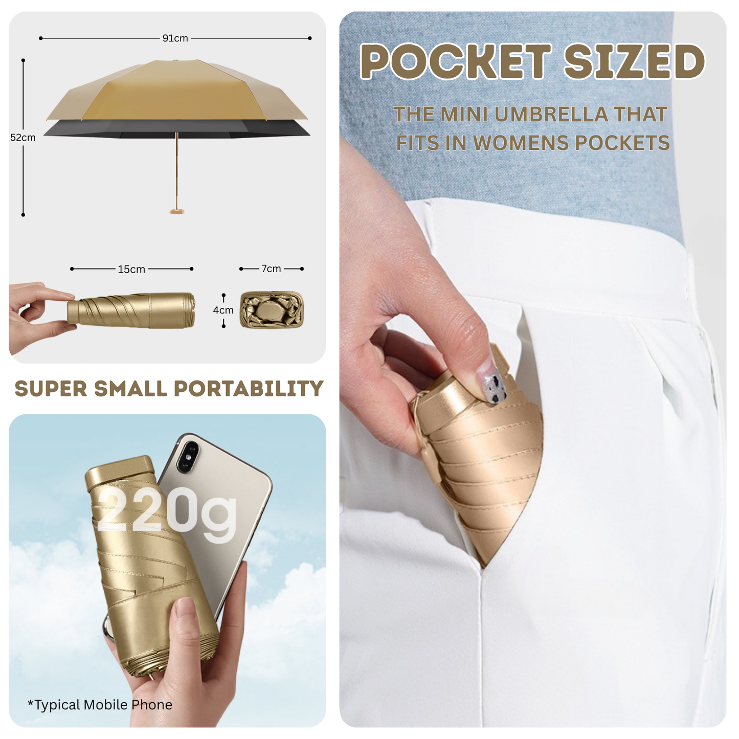 Luxe Gold Pocket Mini Umbrella 6-Rib Golden Frame UPF50+