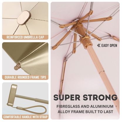 Luxe Gold Pocket Mini Umbrella 6-Rib Golden Frame UPF50+